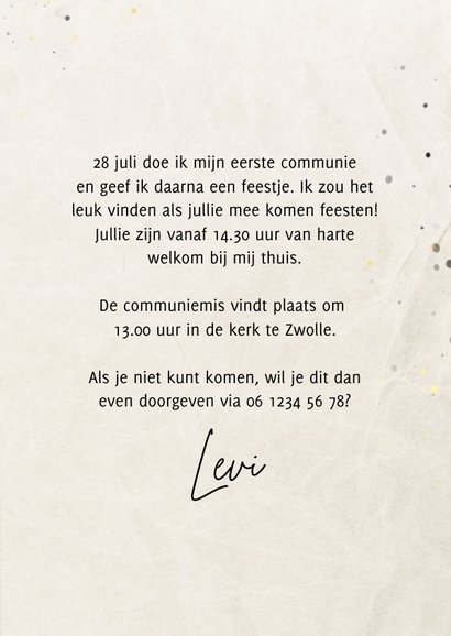 Uitnodiging communie donkere waterverf en goudfolie 3
