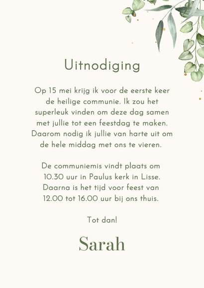 Uitnodiging communie eucalyptus stijlvol goud 3