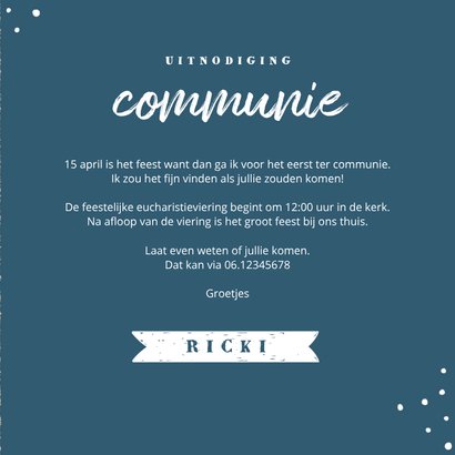 Uitnodiging communie feest jongen stoer kraft 3