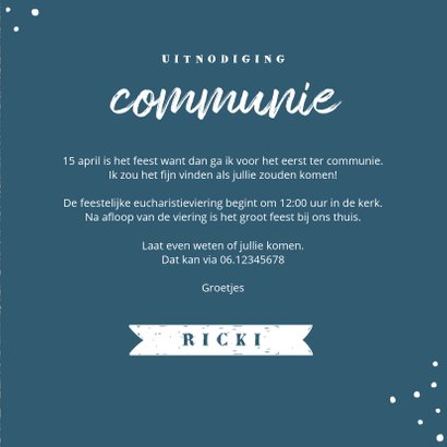 Uitnodiging communie feest jongen stoer kraft 3