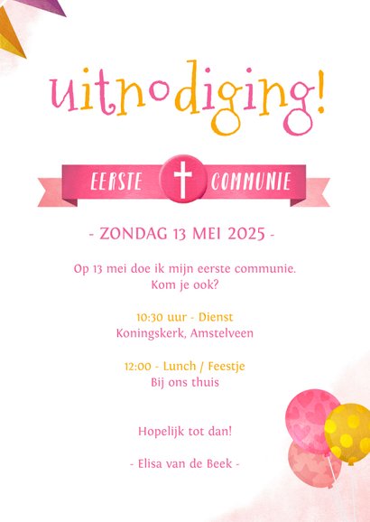 Uitnodiging communie feestje met een eenhoorn unicorn 3