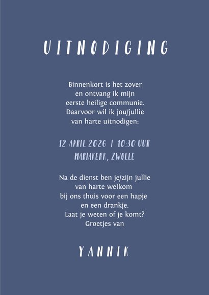 Uitnodiging communie foto & kruis verfspetters blauw 3