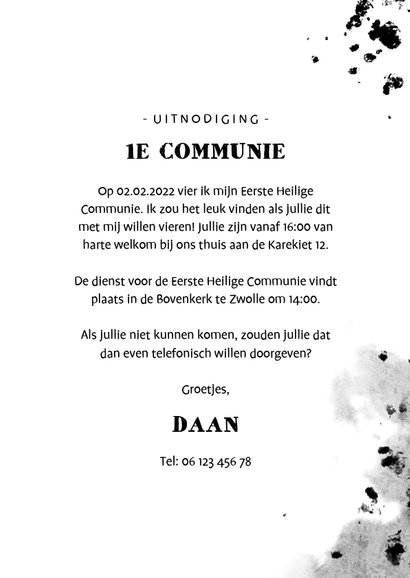 Uitnodiging communie fotocollage beton met spetters 3