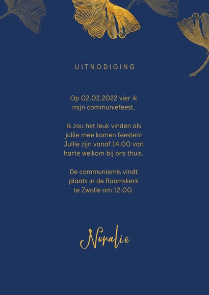 Uitnodiging communie ginkgoblad stempel foto binnen 3