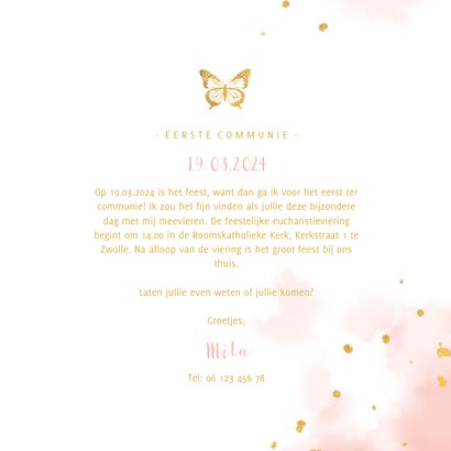 Uitnodiging communie gouden vlinder met waterverf 3