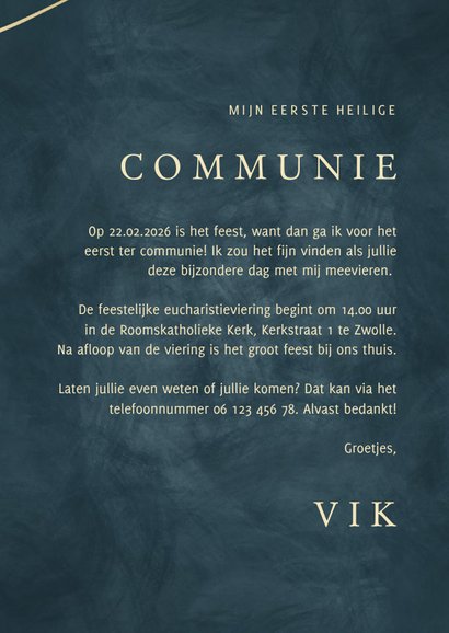 Uitnodiging communie goudlook lijnen met foto blauw 3