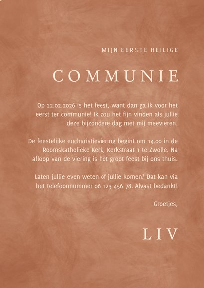 Uitnodiging communie goudlook tak met foto in aardetint 3