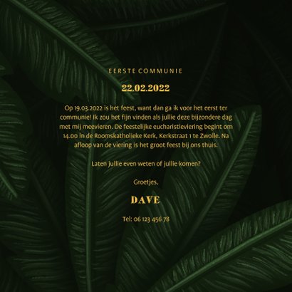 Uitnodiging communie jungle bladeren met foto's 3