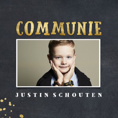 Uitnodiging communie krijtbord foto en gouden spetters 2