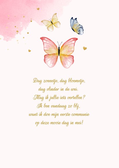 Uitnodiging communie lentefeest meisje roze waterverf foto 2
