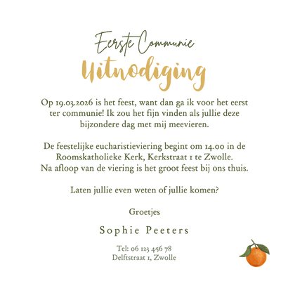 Uitnodiging communie mandarijnen citrus hip goud hartjes 3