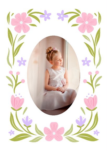 Uitnodiging communie met bloemen in pastel roze en groen 2