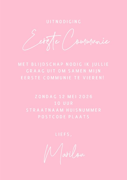 Uitnodiging communie met bloemen in pastel roze en groen 3