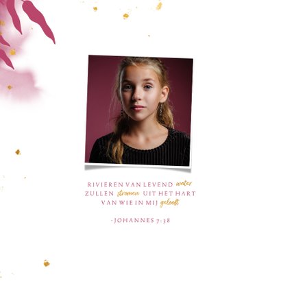 Uitnodiging communie met gouden bladeren en roze waterverf 2