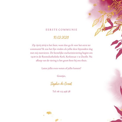Uitnodiging communie met gouden bladeren en roze waterverf 3