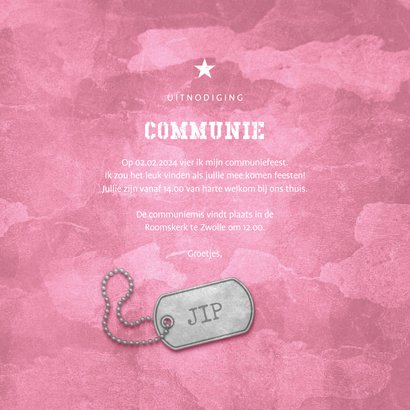 Uitnodiging communie roze stoer met foto en legerplaatje 3