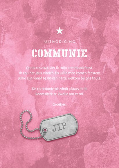 Uitnodiging communie roze stoer met legerplaatje 3