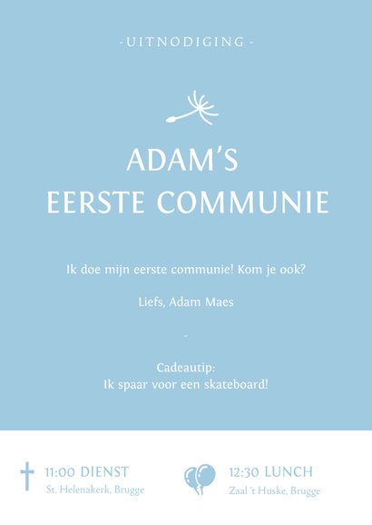 Uitnodiging communie silhouet jongen met paardenbloem 3