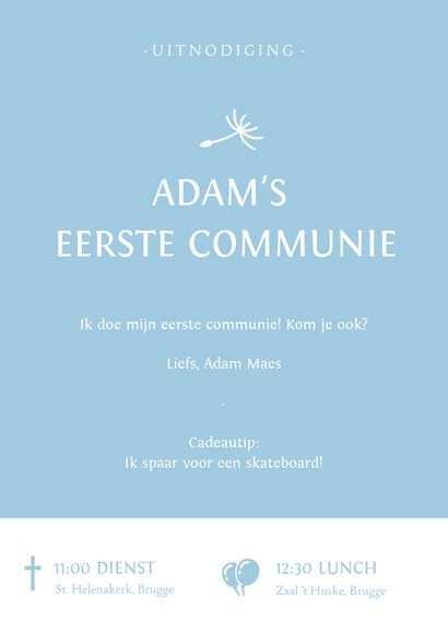 Uitnodiging communie silhouet jongen met paardenbloem 3