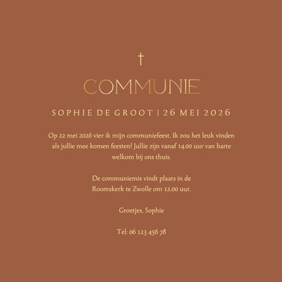 Uitnodiging communie terracotta grote foto met goudfolie 3