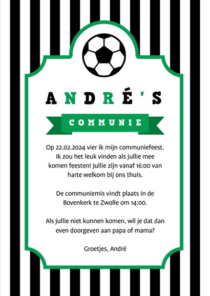 Uitnodiging communie voetbal strepen met badge 3