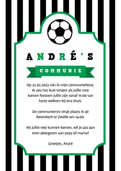 Uitnodiging communie voetbal strepen met badge 3