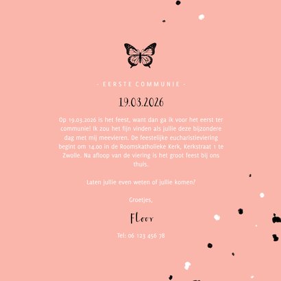 Uitnodiging communie zwarte vlinder met spetters 3