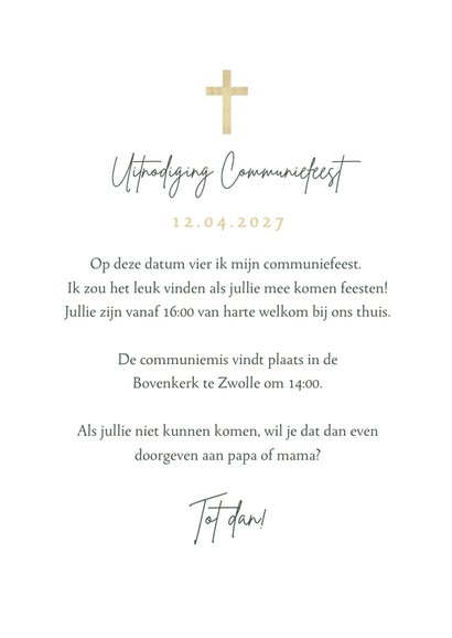 Uitnodiging communiefeest eucalyptus goud stijlvol foto 3
