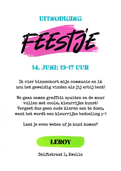 Uitnodiging communiefeest graffiti stoer lentefeest 3
