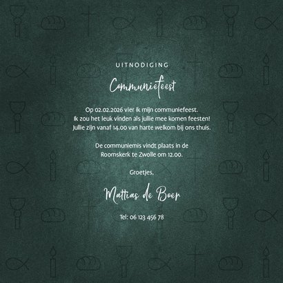 Uitnodiging communiefeest jongen christelijke symbolen 3