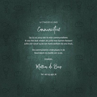 Uitnodiging communiefeest jongen christelijke symbolen 3