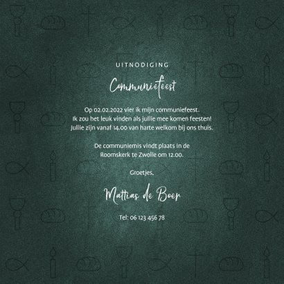 Uitnodiging communiefeest jongen christelijke symbolen 3