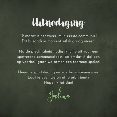 Uitnodiging communiefeest jongen voetbal slingers foto 3