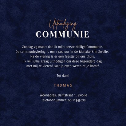 Uitnodiging communiefeest verf terra cotta blauw goud 3