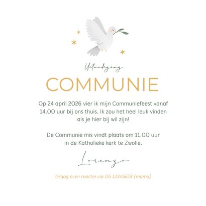 Uitnodiging communiefeest waterverf groen duif takjes foto 3