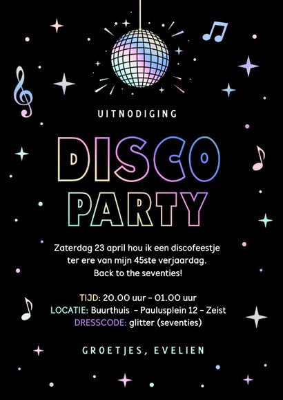 Uitnodiging disco dans feestje met holografisch folie 3