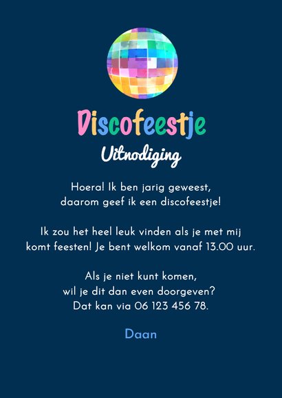 Uitnodiging discofeestje discobol muziek radio hip stoer 3
