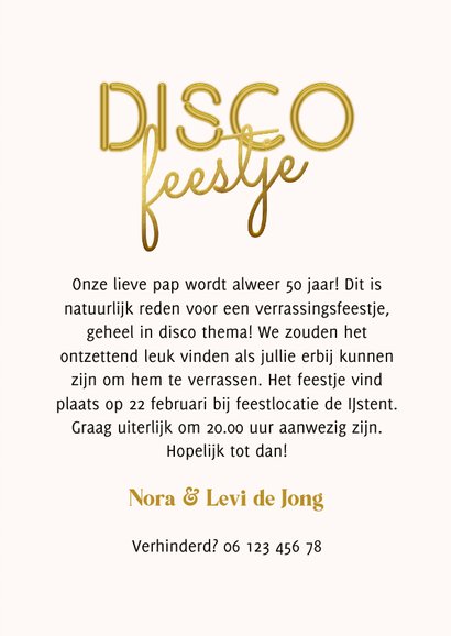 Uitnodiging discofeestje met discobal en neon tekst 3