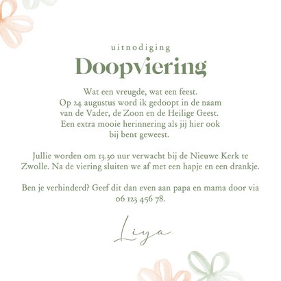Uitnodiging doopviering met gekleurde bloemetjes waterverf 3