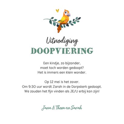 Uitnodiging doopviering met veren bloemenkrans en vogel 3