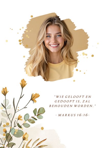 Uitnodiging doopviering waterverf bloemen takjes goud 2