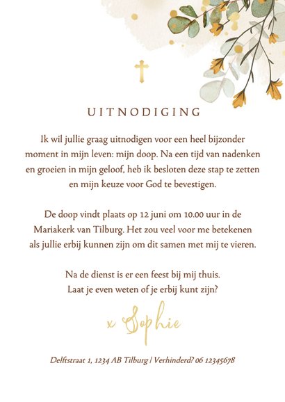 Uitnodiging doopviering waterverf bloemen takjes goud 3