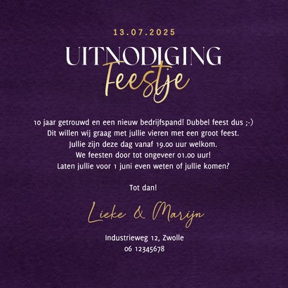 Uitnodiging dubbel feest jubileum goud bedrijf opening paars 3