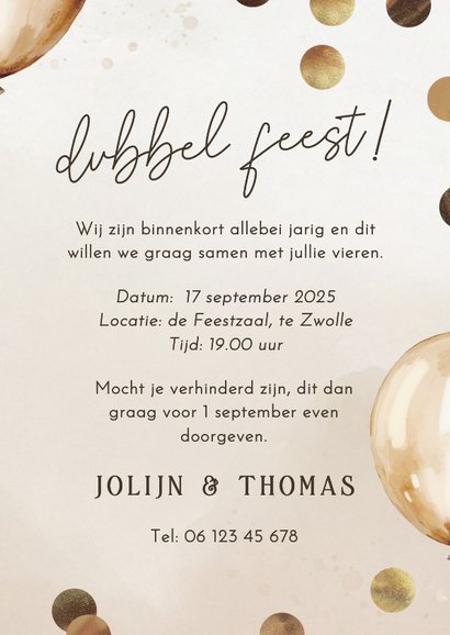 Uitnodiging dubbel feest met ballonnen en confetti en foto's 3