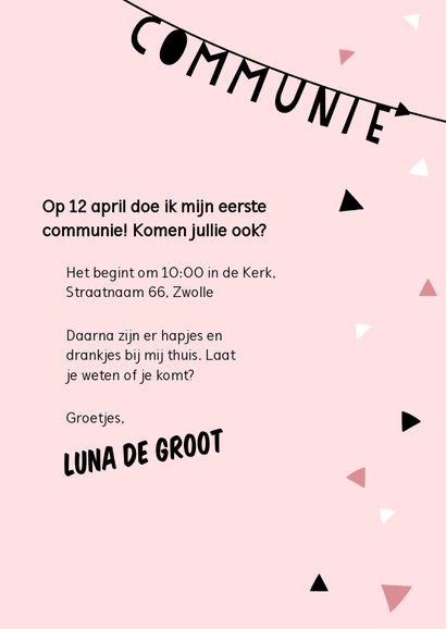 Uitnodiging eerste communie confetti, slingers en foto's 3
