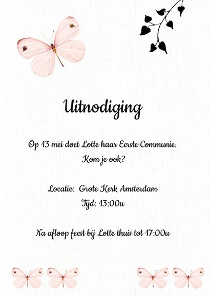 Uitnodiging Eerste Communie met lieve roze vlinders 3