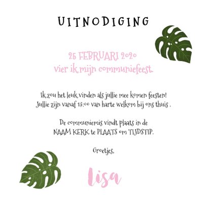 Uitnodiging eerste communie met plantjes voor een meisje 3