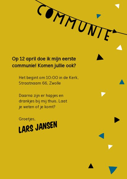 Uitnodiging eerste communie met slingers, confetti en foto 3