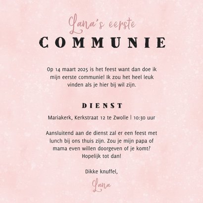 Uitnodiging eerste communie panterprint hart roze waterverf 3