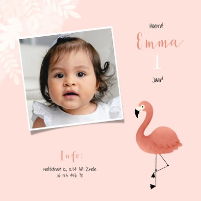 Uitnodiging eerste verjaardag meisje flamingo jungle & foto 2
